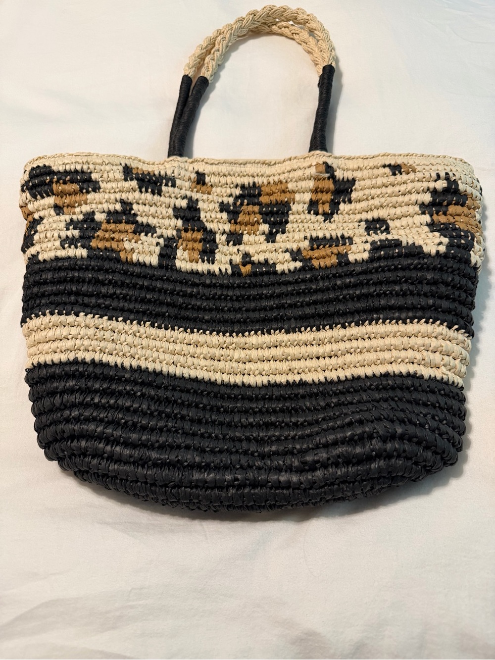 Woven Straw Tote Bag in Black, Cream & Brown - Women Bags